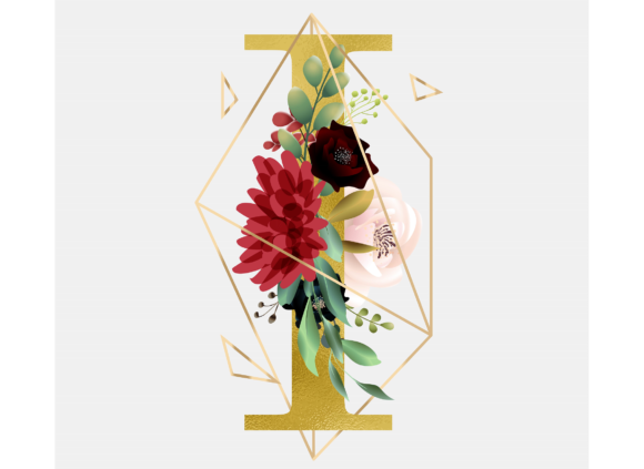 Alphabet I Floral Wreath Golden Foil and Graphic Templates