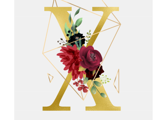 Alphabet X Floral Wreath Golden Foil and Graphic Templates