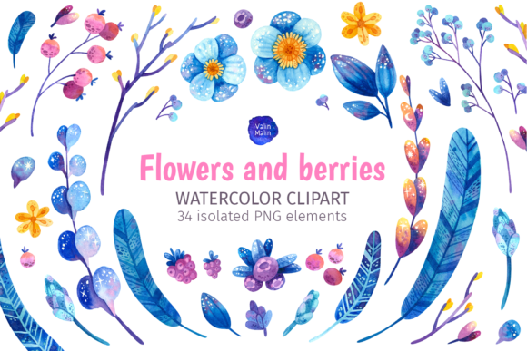 Blue Botanical Clipart with Boho Berry & Crafts