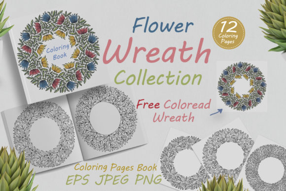 Hand Drawn Wreath with Abstract Flowers and Coloring Pages Amp