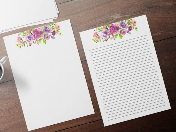 Purple Floral Stationary, Cute Notes Set for Print Templates
